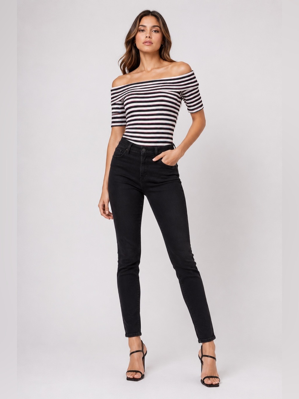 Off Shoulder Ribbed Striped Top NWT Fitted Stretch Chic Casual